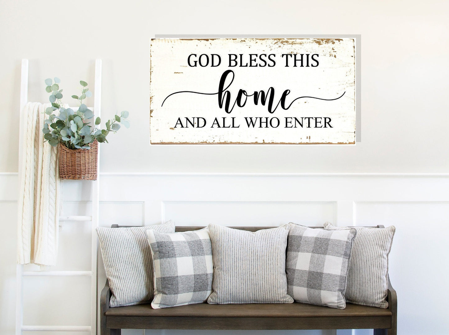 God bless this home and all who enter, living room wood sign.