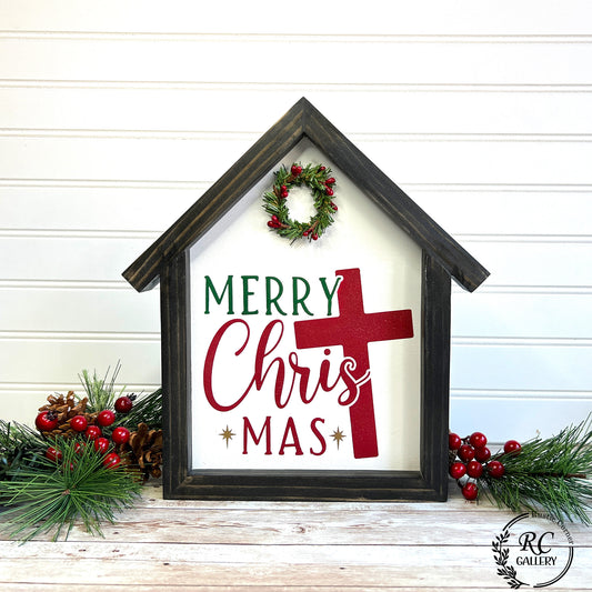 Merry Christmas wooden house sign.