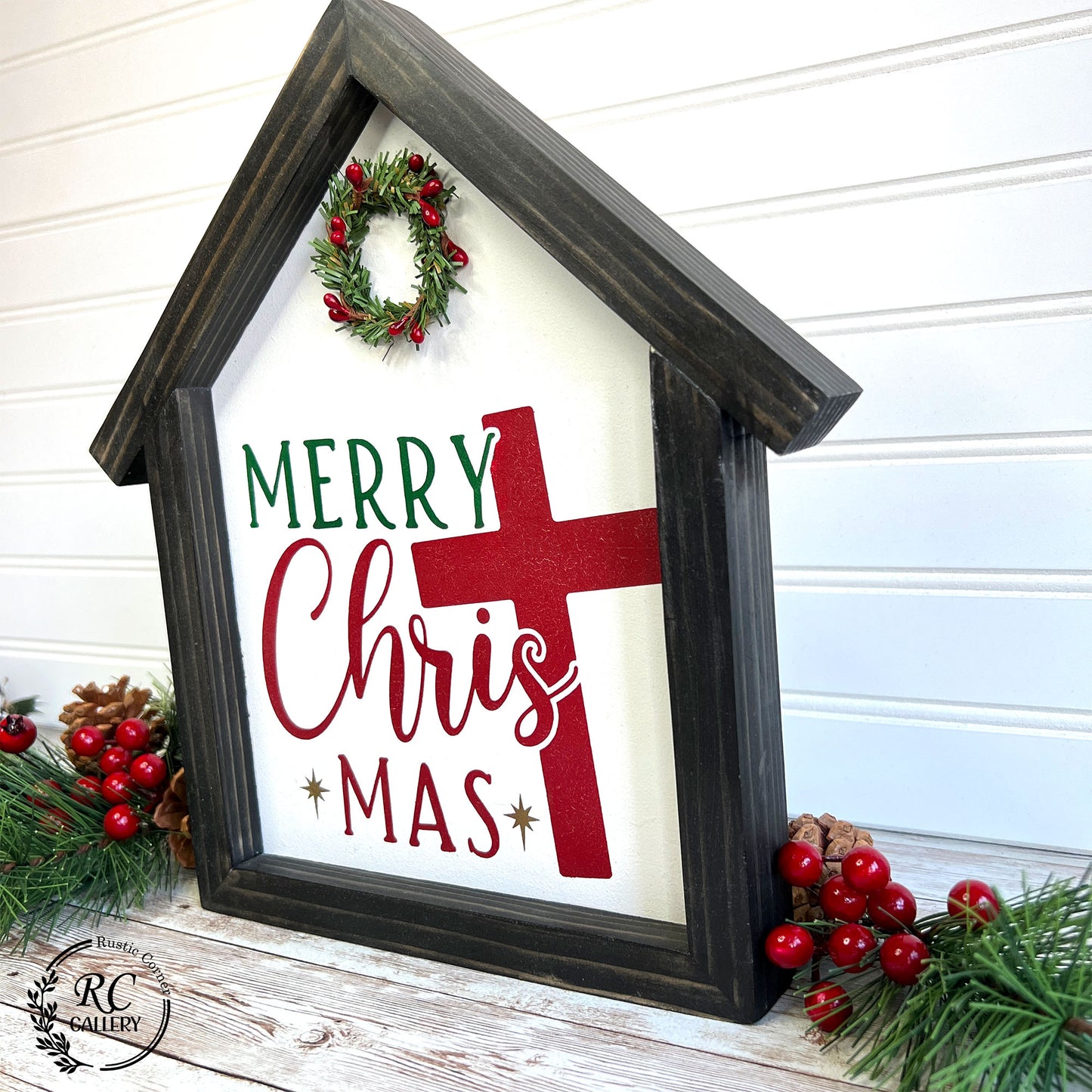 Merry Christmas wooden house sign.