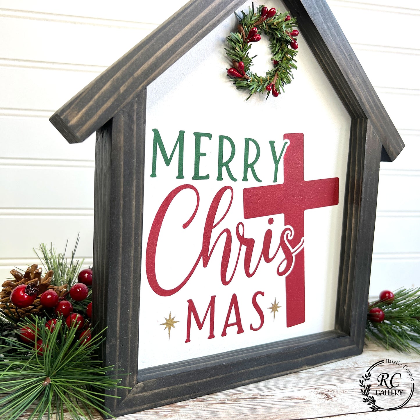 Merry Christmas wooden house sign.