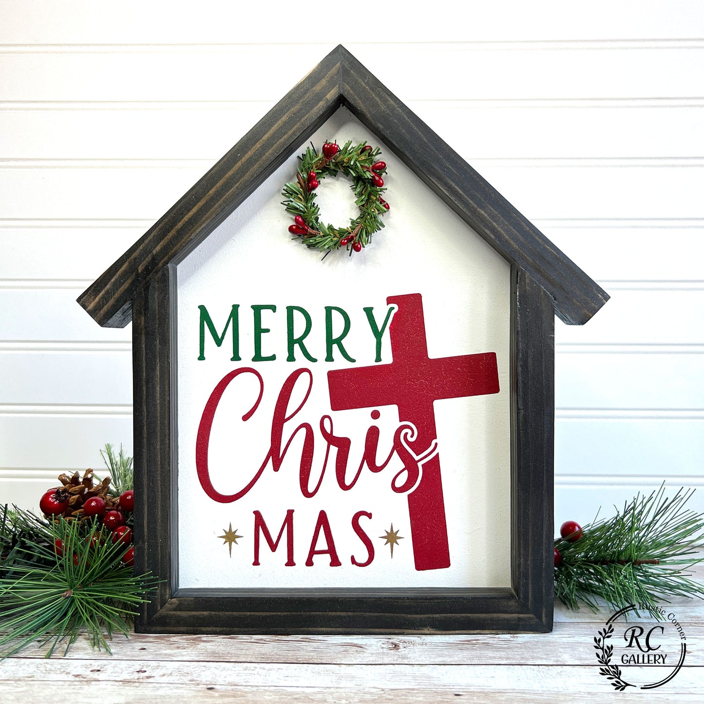 Merry Christmas wooden house sign.