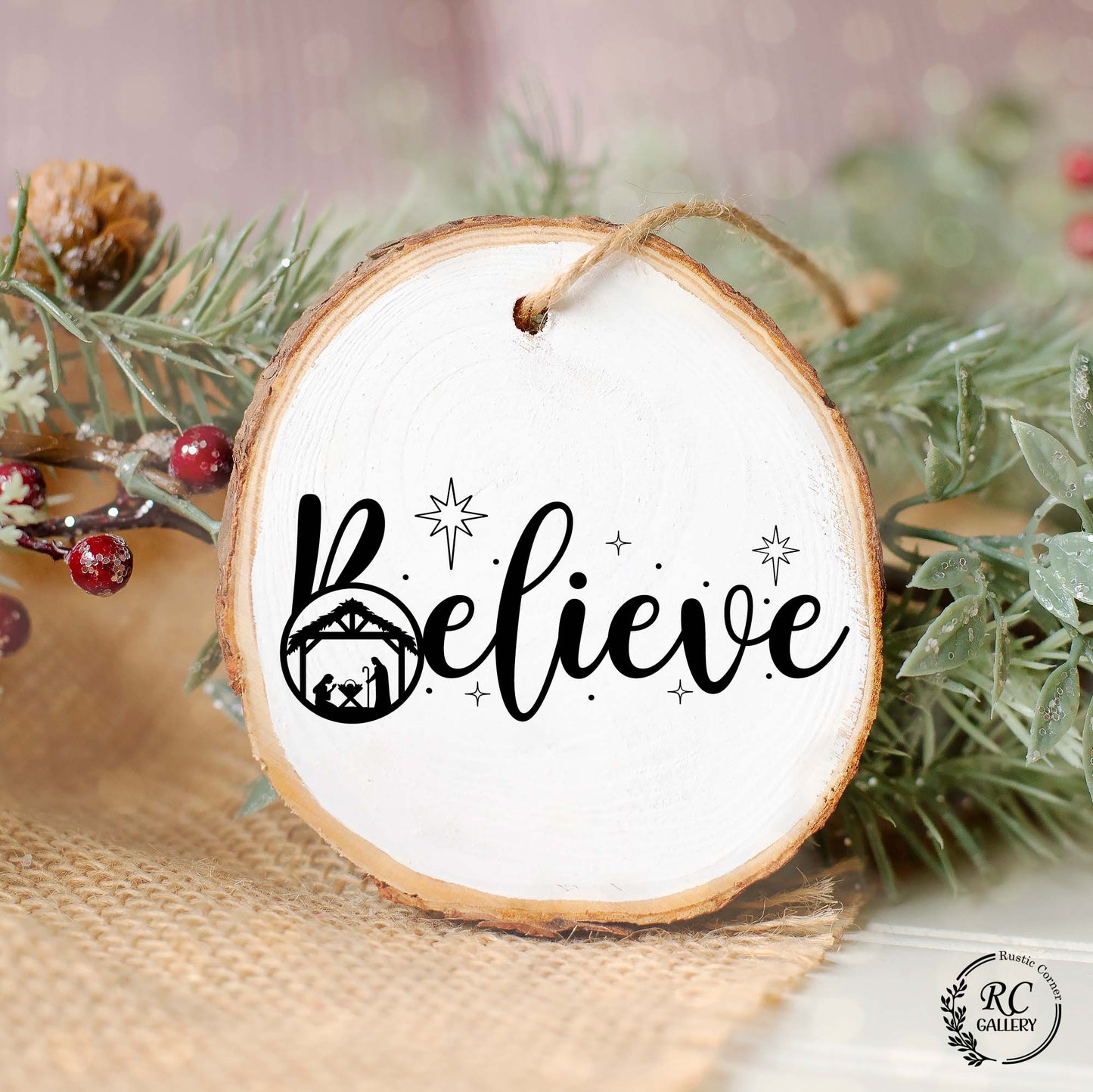 Believe wood slice ornament, Christmas ornament.