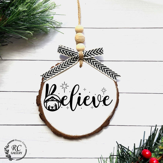 Believe wood slice ornament, Christmas ornament.