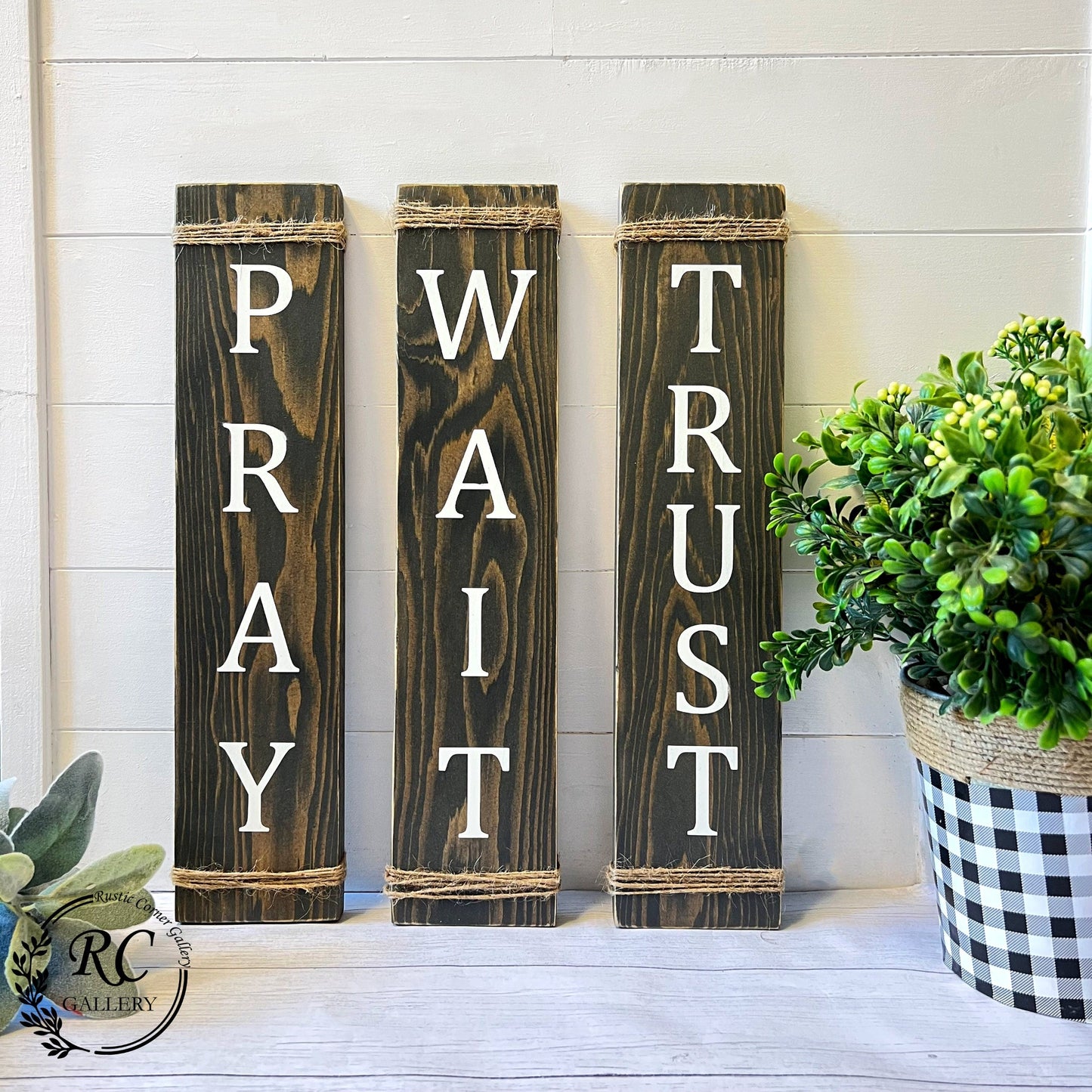 Pray. wait. trust. wood signs set, Religious Inspirational.