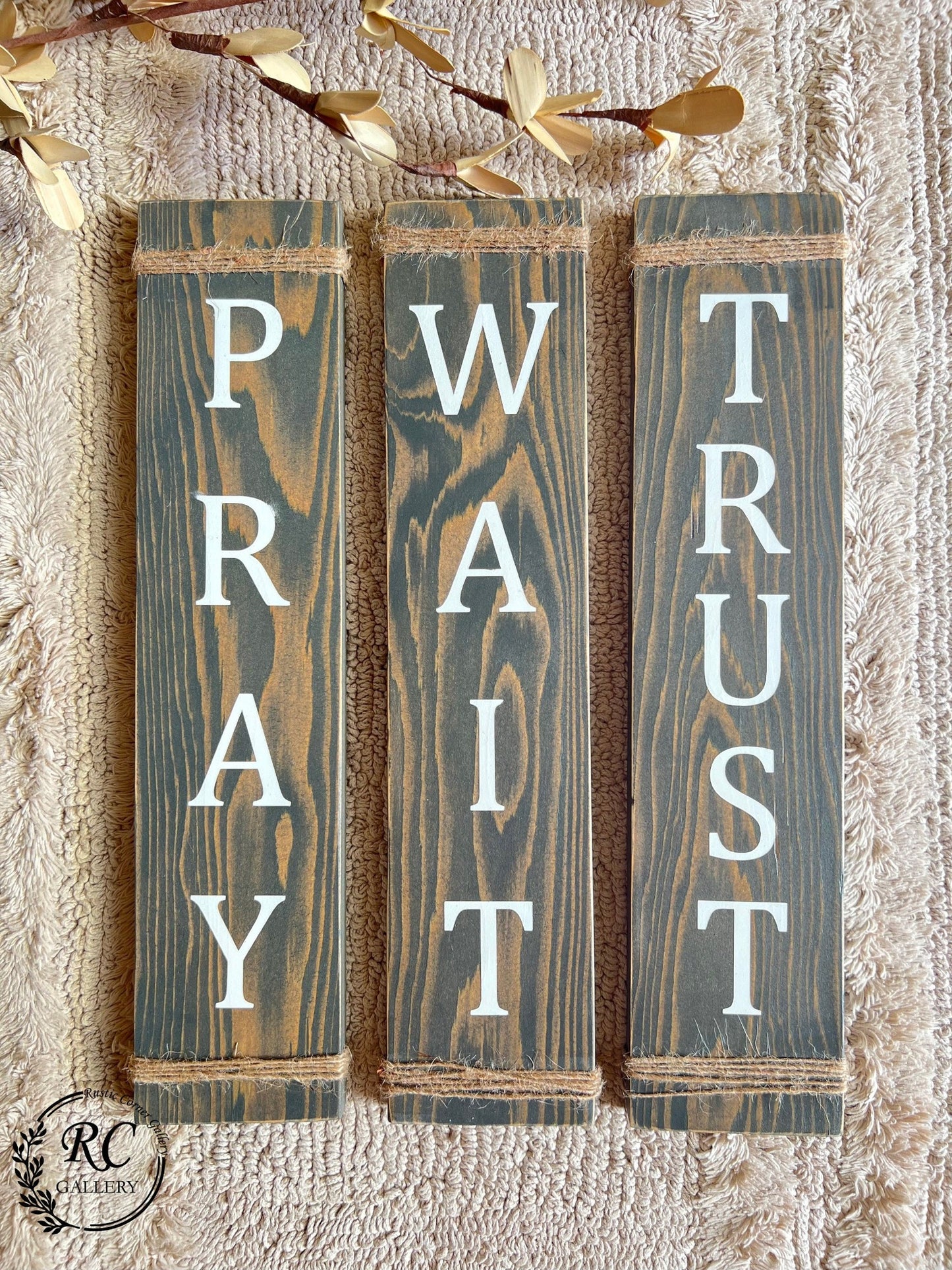 Pray. wait. trust. wood signs set, Religious Inspirational.
