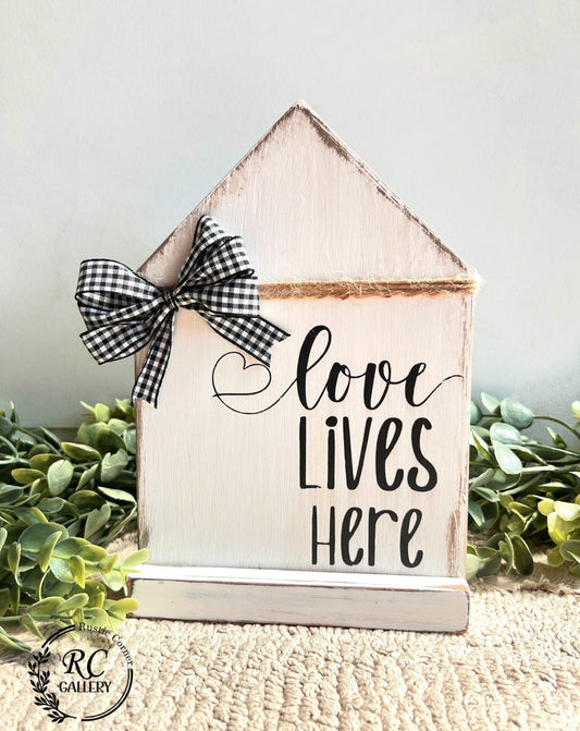 Love lives here wooden house decor, distressed wood sign.